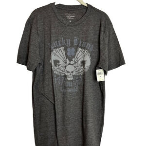 Lucky Brand Mens Tee Shirt Size Medium Gray Too Tough To Die Poker Cards Skull